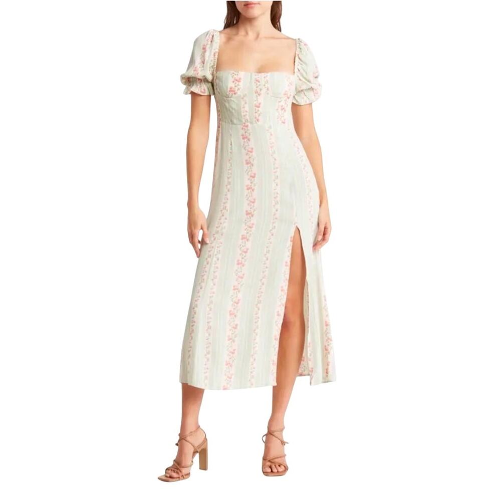WeWoreWhat Light Green and Pink Floral Puff Sleeve Midi Dress 6